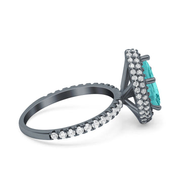 Teardrop Pear Art Deco Engagement Ring Black Tone, Simulated Paraiba Tourmaline CZ 925 Sterling Silver